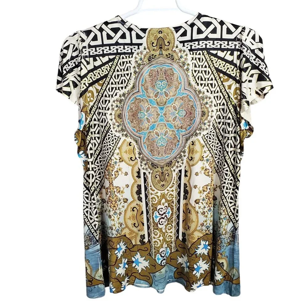 Dressbarn Womens 2X Boho Paisley Print Top With Beaded Neckline - Picture 3 of 10